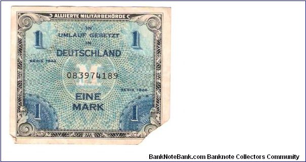 ALIED MILITARY CURRENCY
GERMAN 1-MARK
SERIEL # 083974189


has a cliped off corner Banknote