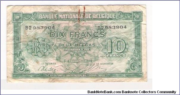 BELGIUM
10 FRANCS

SERIEL #
B2 983904
DATED
01.02.43 Banknote