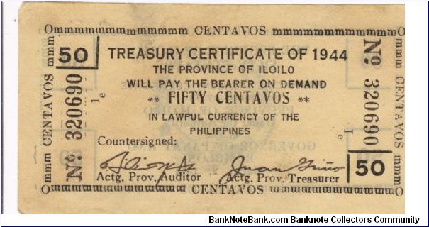 S-337 RARE Iloilo 50 Centavos Treasury War note with Special Municipality of Sibuyan Romblon stamp on reverse. Banknote