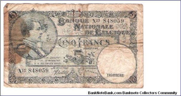 BELGIUM
5- FRANCS
DATED 12.04.38
SERIEL #
X15  848059 Banknote