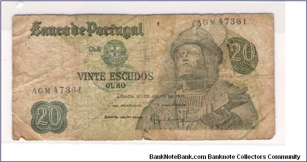 PORTUGAL
20 ESCUDOS
SERIEL #
AGM 47361 Banknote