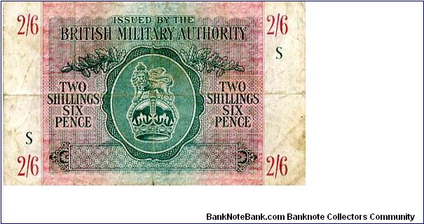 British Authority Notes for use in North Africa

Series 'A' 1943 
2/6  Purple/Green
Front Value in corners, Script in English each side of central cachet  Lion & Crown 
Rev Fancy Cachet with Value
Security Thread Banknote