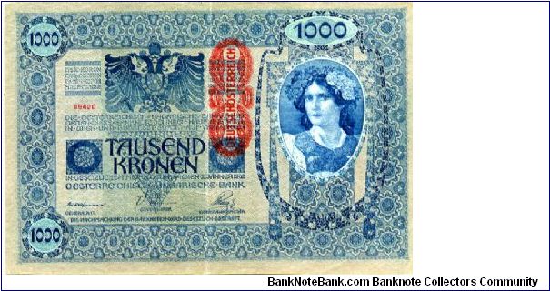 Vienna 2.1.1902 Over Printed 1919
1000 Kronen
Blue
Front Fancy designs, Value in corners, Imperial Eagle & O/P, Girls Head in oval
Rev As front without the over printing
Security Thread 
Watermark  No Banknote