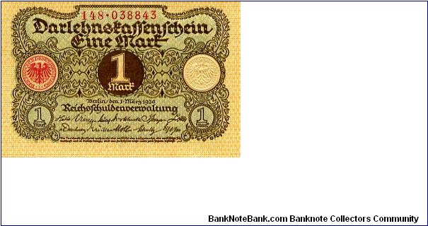Berlin 1 Mar 1920
1 Darlehnskassenschein Mark 
Olive/Brown
Seal Red & White
Front Value in center seal either side
Rev Value in center & corners
Watermark No Banknote