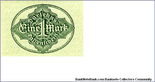 Berlin 15 Sep 1922
1 Darlehnskassenschein Mark 
Green
Seal Green
Front Value in center seal either side
Rev Value in center
Watermark Interlocking Diamonds with Fleur De Lis Banknote