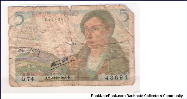 FRANCE
5 FRANCS

Q.74
43694
184043694 Banknote