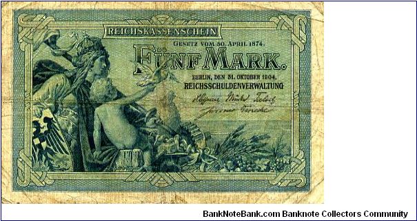 Berlin 31 Oct 1904 
5M Blue
Front Mother & Child, Value & fruit
Rev Value in center with Dragon & Bowl
Watermark No Banknote