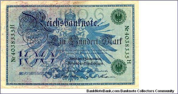 Berlin 7 Feb 1908 
100M Blue
Seal Green
Front Imperial Eagle in center
Rev Girls Head in center cachet supported on each side by a kneeling girl, value iin top corners
Watermark  No Banknote