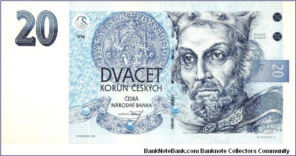 20 Korun; King Premysl Otakar I on front' Crown on Back Banknote
