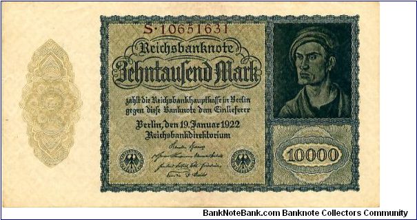 Berlin 19.1.1922
10,000 Rm
Blue/Olive
Seal Black
Front value 3/4 frame Value above seals, Mans head above value
Rev 2 Fancy Cachets each side of Imperial Eagle, Value
Watermark Interlocking Diamonds Banknote