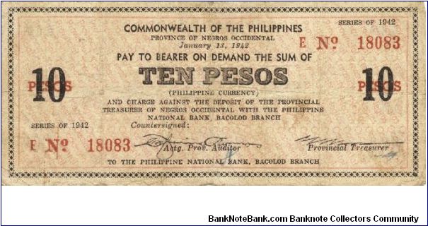 S-639 Philippine Negros Occidental 10 Pesos note. Banknote