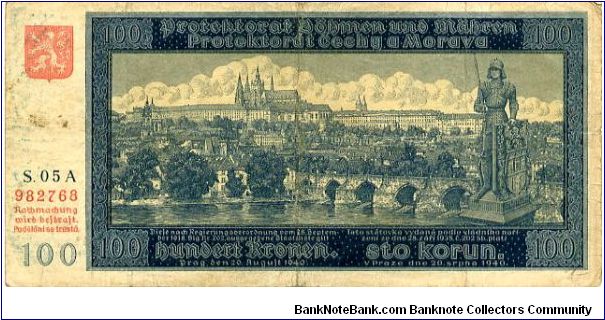 100K 20 Aug 1940
Blue/Red
Serial # red/Blue
Front Arms top right value below, Value in Czech & German, Picture of the City
Rev Framework with flowers, Value in Czech & German in center, value top & bottom
Watermark No Banknote