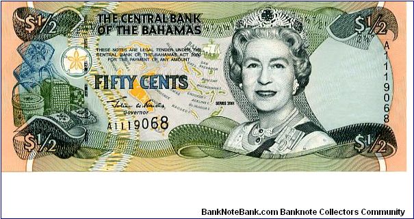 $1/2  2001
Multi
Front Value in corners, Baskets, Map of the Islands, HRH
Rev Lady fruit seller in center, State Arms, Value in top corners
Security Thread
Watermark Ship Banknote