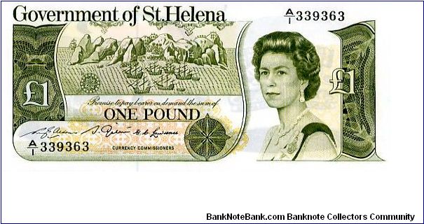 St Helena

£1 1981
Olive/Yellow
Front Value, Ships anchoring of St Helena, HRH, Value
Rev Coat of Arms, Value, Ship at Anchor
Security thread
Watermark No Banknote