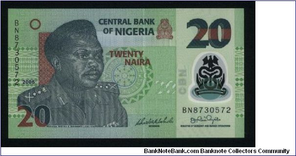 20 Naira.

Polymer note.

General M. Muhammed at left on face; woman working on potteries at center on back.

Pick #NEW Banknote
