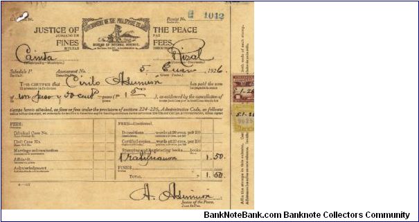 Justice of the Peace form with 2 Revenue stamps applied. Banknote