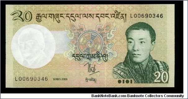 20 Ngultrum.

Reduced Sizes.

King Jigme Khesar Namgyel Wangchuk ar right on face; Punakha Dzong palace at center on back.

Pick #NEW Banknote