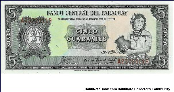 5 Guaranies, Paraguay. The only date on this claims 1952, but I was told this is from the 1963 series. Banknote