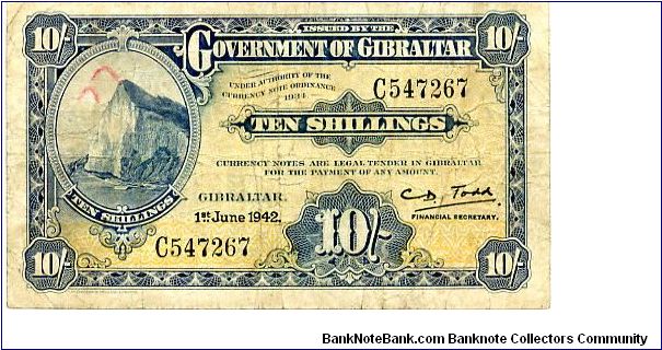 Gibraltar
10/- 1 Jun 1942 
Blue/Yellow
Front Inner frame value in corners, Rock, Value
Rev Value in cachet each side of Coat of Arms 
Watermark No Banknote