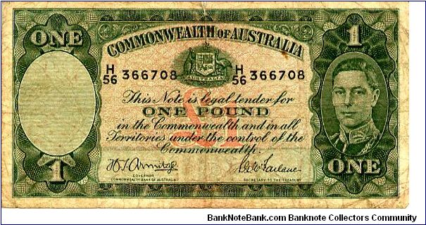 AUSTRALIA 
£1 1938/40s
Green
Armitage
McFarlane 
Front Value, Coat of Arms above value, George VI
Rev Value, Sheep shearing
Watermark Head of Capt Cook Banknote