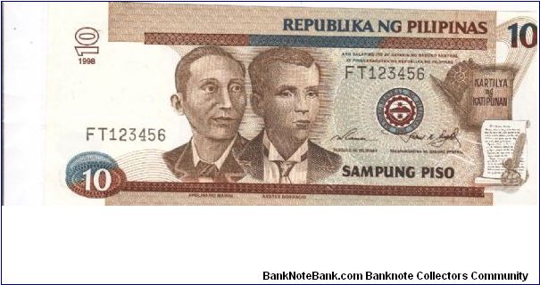 Philippine 10 Peso note. Banknote