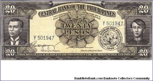 PI-137b Rare English series 20 Pesos note with signature group 2, prefix Y Banknote