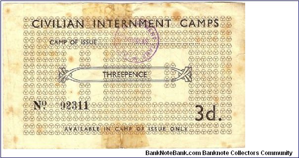 WWII Home Office Internment Camp 3 pence Banknote
