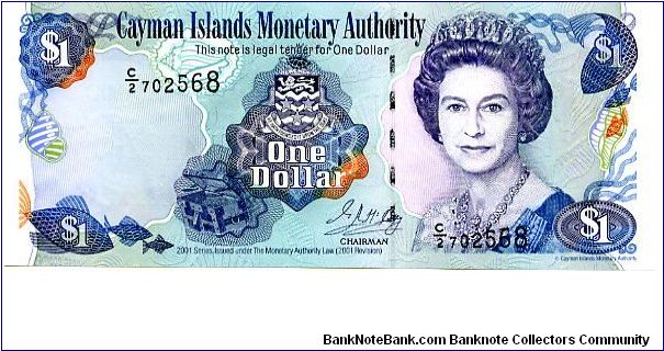 $1 2001
Multi
Chairman ?
Front Fish, Treasure Chest & Coat of Arms, HRH
Rev Coral & Fish
Security Thread
Watermark Turtle
C Series Banknote
