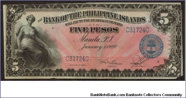 p13 5 Peso Bank of the Philippine Islands (XF - Insect Damaged) Banknote