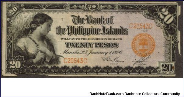 p15 20 Peso Bank of the Philippine Islands (Insect Damaged) Banknote