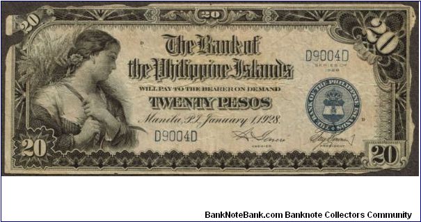 p18 20 Peso Bank of the Philippine Islands (Insect Damaged) Banknote