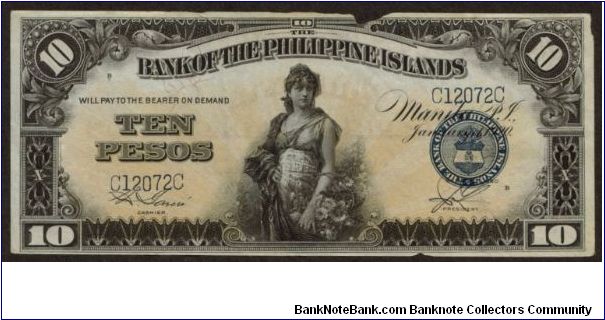 p14 10 Peso Bank of the Philippine Islands (Insect Damage) Banknote