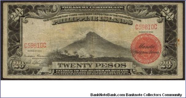 p77 20 Peso Philippine Islands Treasury Certificate (Japanese Counterstamp on the reverse) Banknote