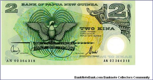 2 Kina 1999
Green/Ocher
Governor Leonard Wilson Kamit
Secretary Koiari Tarata
Front Value, National Crest (bird of paradise on a kundu drum & ceremonial spear), Value 
Rev Value in opposing corners, Head of a boar & various shell ornaments Banknote