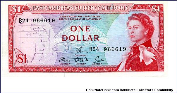 East Carribean Currency Authority

$1 1965/85  (Barbados?)
Red/Blue/Purple
Chairman ?
3 Directors
Front Map, Geometric design with value above a fish, Young QEII
Rev A town by the coast
Security Thread
Watermark Queens Head Banknote