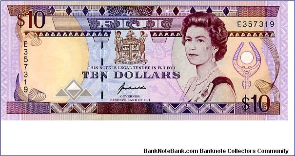 $10 1992
Purple/Brown/Ocher
Governor
Front Coat of arms above value QEII
Rev Native Fijians doing a War dance
Security Thread
Watermark Fijian Native Head Banknote