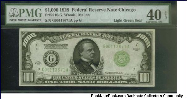 RARE 28 LIGHT GREEN SEAL!!

1000 dollars

1928 LGS CHICAGO 

S/N:G00113671A

FR. 2210-G 

Bid Via Email Banknote