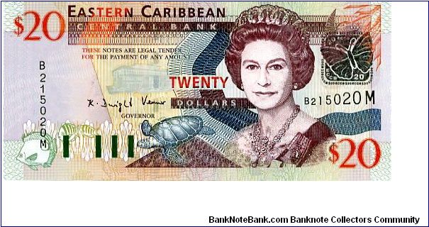 Montserrat 
$20 2003
Multi
Governor K D Venner
Front Fish, Turtle, QEII, Silver foil Butterfly & ECCB
Rev Goverment House, Map of Eastern Caribbean, Nutmeg
Security Thread
Watermark Queens Head Banknote