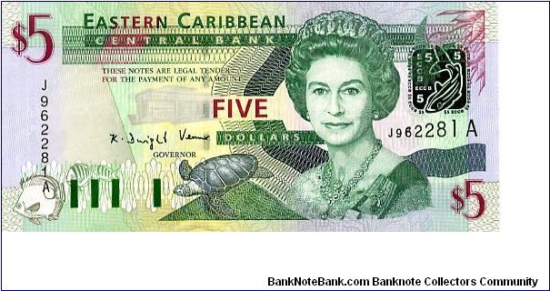 Antigua 
$5 2003
Multi
Governor K D Venner
Front Fish, Turtle,QEII, Silver foil fish & ECCB 
Rev Admiral House Antigua & Barbuda, Gold fish over map, Trafalgar falls
Security Thread
Watermark Queens Head Banknote