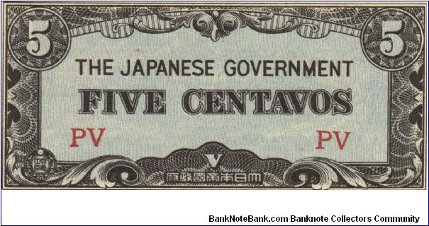 PI-103 Philippine 5 centavos note under Japan rule, block letters PV. Banknote