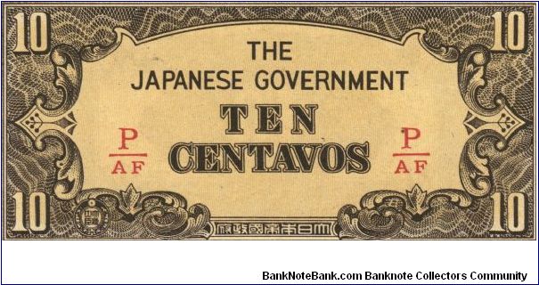 PI-104b Philippine 10 centavos note under Japan rule, fractional block letters P/AF. Banknote