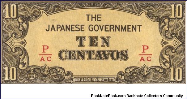 PI-104b Philippine 10 centavos note under Japan rule, fractional block letters P/AC. Banknote