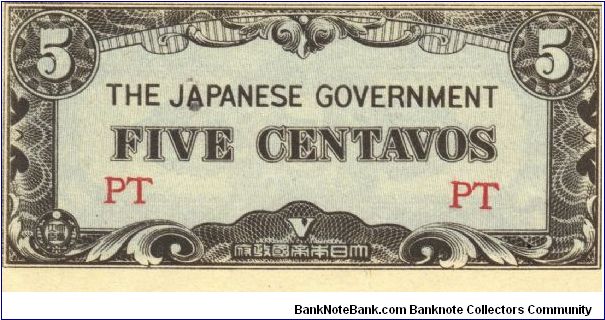 PI-103a Philippine 5 centavos note under Japan rule, block letters PT. Banknote