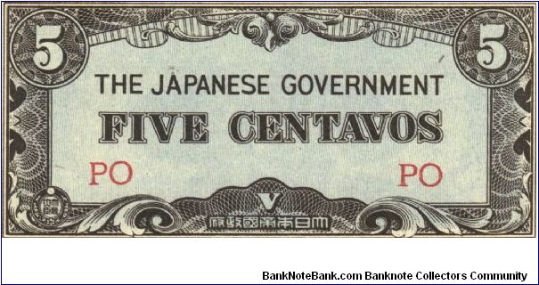 PI-103a Philippine 5 centavos note under Japan rule, block letters PO. Banknote