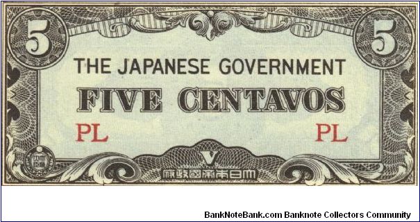 PI-103a Philippine 5 centavos note under Japan rule, block letters PL. Banknote