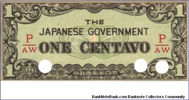 PI-102 Philippine 1 centavo note under Japan rule, fractional block letters P/AW. Banknote