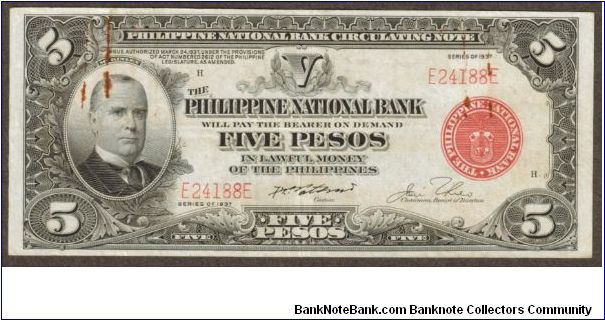 p57 1937 PNB 5 Peso Circulating Note Banknote