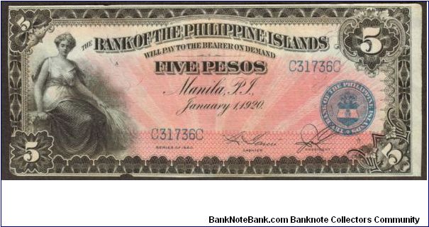 p13 1920 BPI Bank of the Philippine Islands 5 Peso Banknote