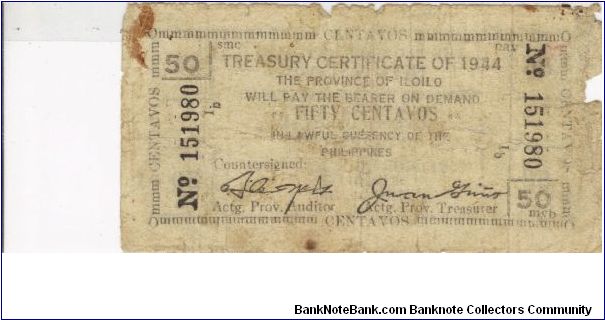 S-334 Iloilo Treasury Certificate 50 centavos note with initials smc, pav, and mvb. Banknote