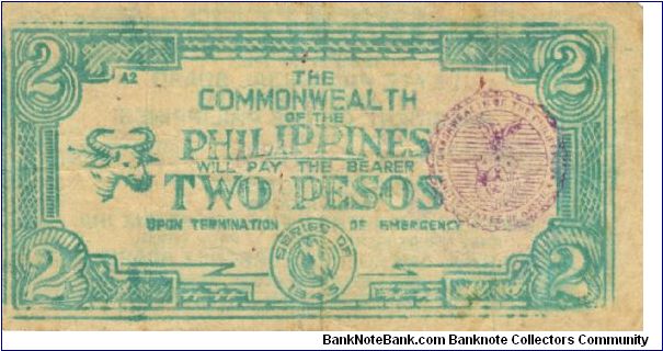 S-414 Leyte 2 Pesos note with Caribou head, purple seal. Banknote